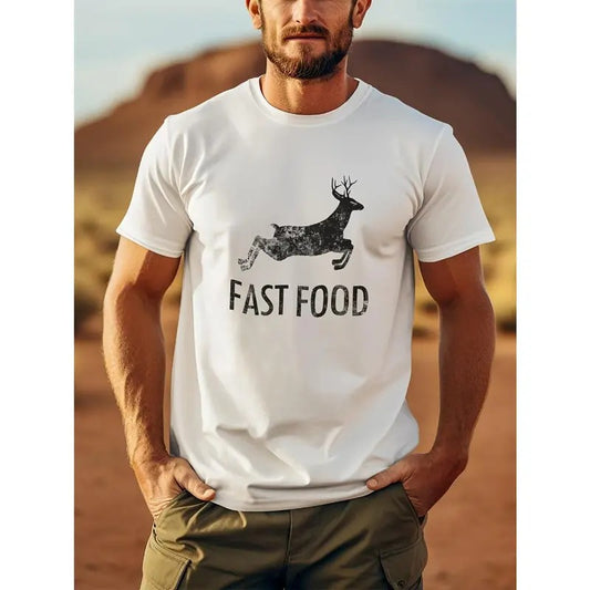 Funny Deer Hunting Tee - Men's Short Sleeve Graphic T-Shirt with Fast Food Print - Humorous Gift for Hunters and Outdoor...