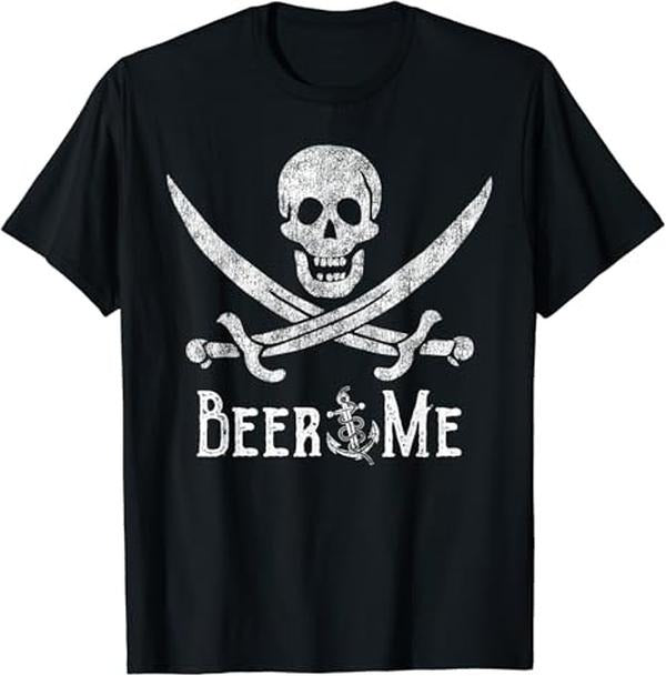 Funny Drinking Shirts, Beer Me Adult Humor Pirate Skull Distressed Funny Drinking T-Shirt Menswear Top | Funny Shirts For...