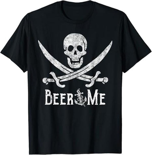 Funny Drinking Shirts, Beer Me Adult Humor Pirate Skull Distressed Funny Drinking T-Shirt Menswear Top | Funny Shirts For...