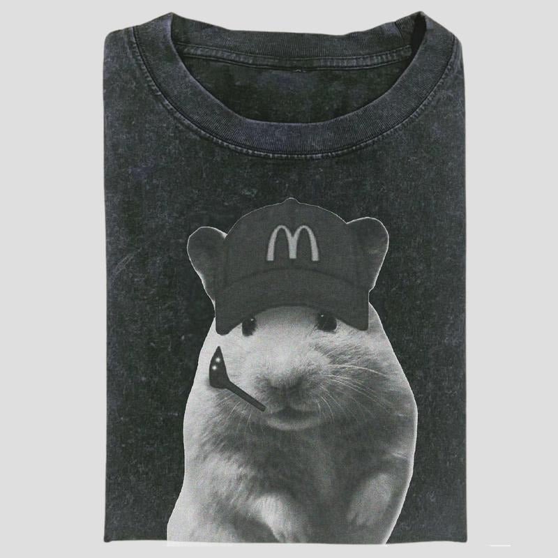 Funny Fast Food Hamster Graphic Tee, Vintage Meme Workwear Shirt, McRat Drive Thru Aesthetic, Unisex Menswear Womenswear...