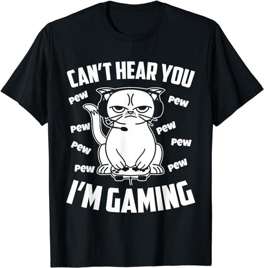 Funny Gamer Shirts, Special Gifts For Gamers, Can't Hear You I'm Gaming, Funny Gamer Cat T-Shirt Menswear Top Casual...