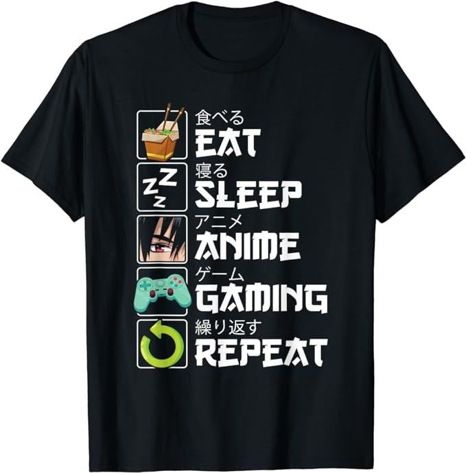 Funny Gamer Shirts, Special Gifts For Gamers, Eat Sleep Anime Gaming Repeat Kawaii Otaku Anime Manga T-Shirt Menswear Top...