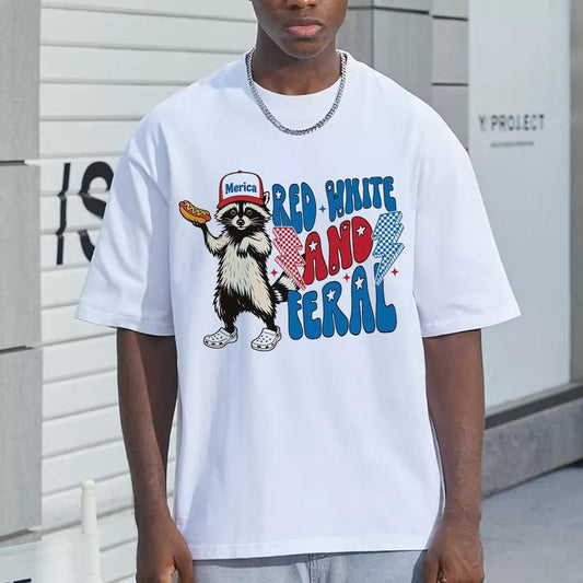 Funny Graphic Racoon Red White And Feral Tshirt, USA 4th Of July Party Tee, Hotdog Raccoon Merica Independence Day Gifts...