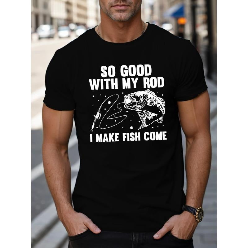 Funny Graphic Tee - Short Sleeve Summer Top with Humorous "I Make Fish Come" Print - Casual Men's T-Shirt for Outdoor...