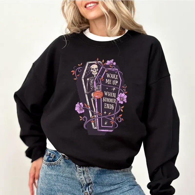 Funny Halloween Skeleton Sweatshirt, Wake Me Up When Summer Ends Crewneck, Aesthetic Coffin Sweater, Creepy Skeleton Tops...