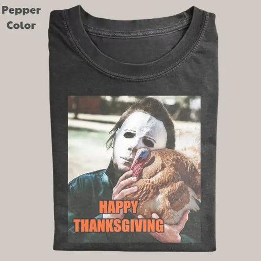 Funny Happy Thanksgiving Vintage Graphic Tee, Michael Myers T-Shirt, Movies Tee, Unisex Meme Cringe Funny Dumb Shirt,...