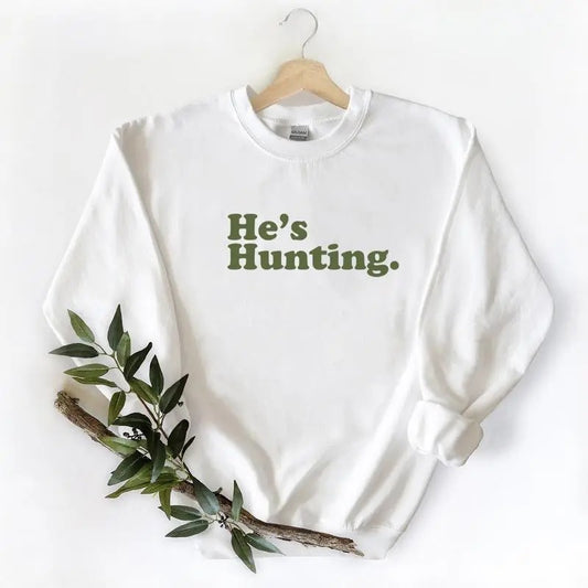 Funny He is Hunting Graphic shirt Unisex Hunting Season Retro Sweatshirt Pullover, Best sellers 2024 Black White Cotton...