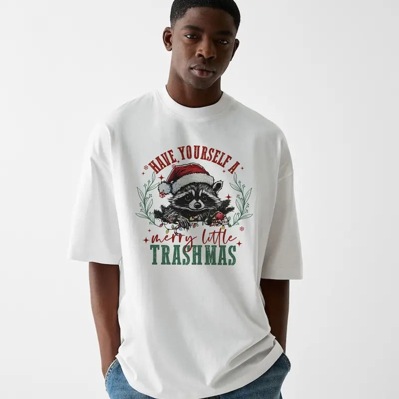 Funny Meme Have Yourself A Merry Little Trashmas Graphic Shirt, Unisex Retro Christmas Raccoon Tee Gift, Vintage Style...