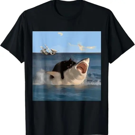 Funny Meme Shirt, Cat Biting Shark Humorous Playful Funny Cat and Shark Meme T-Shirt