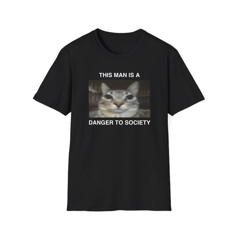Funny Meme Shirt, This Man is a Danger to Society Kitty Mugshot Joke Tee, Cat Meme Gift Unisex T-Shirt Hoodie, Sweatshirt