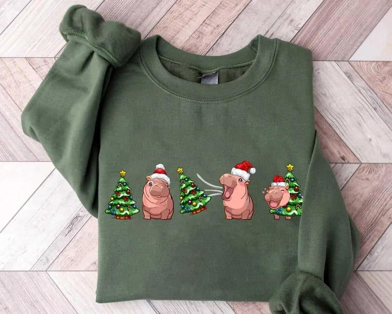Funny Moo Deng Christmas Sweatshirt, Moo Deng Christmas Tree Sweatshirt, Festive Holiday Sweatshirt, Baby Hippo Moo Deng...