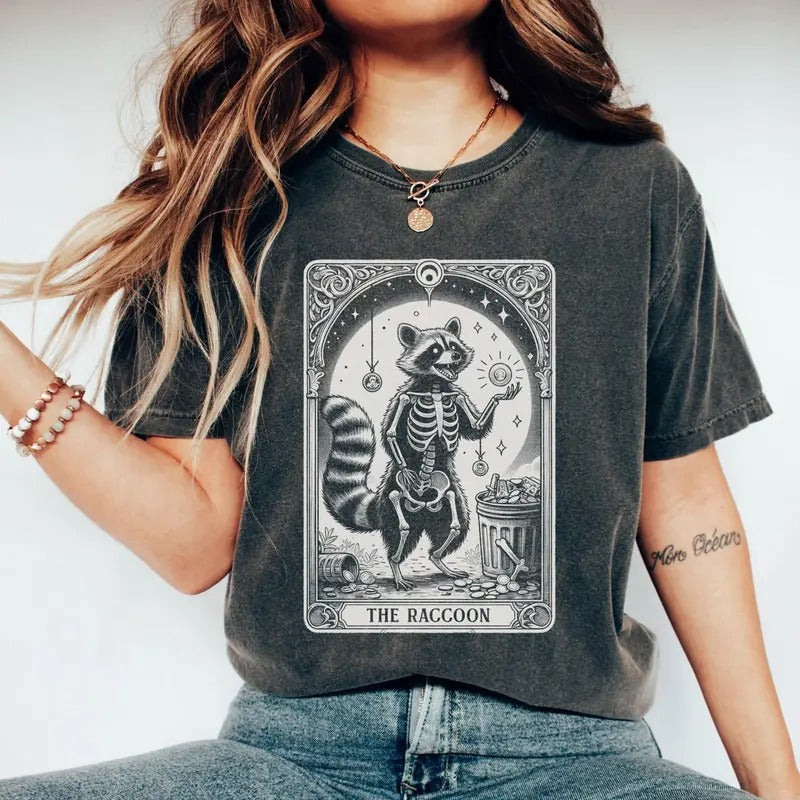 Funny Raccoon Halloween Shirt, Racoon Skeleton T-Shirt, Unhinged Shirt, Tarot Card Raccoon Tee, Astrology Raccoon Tshirt...