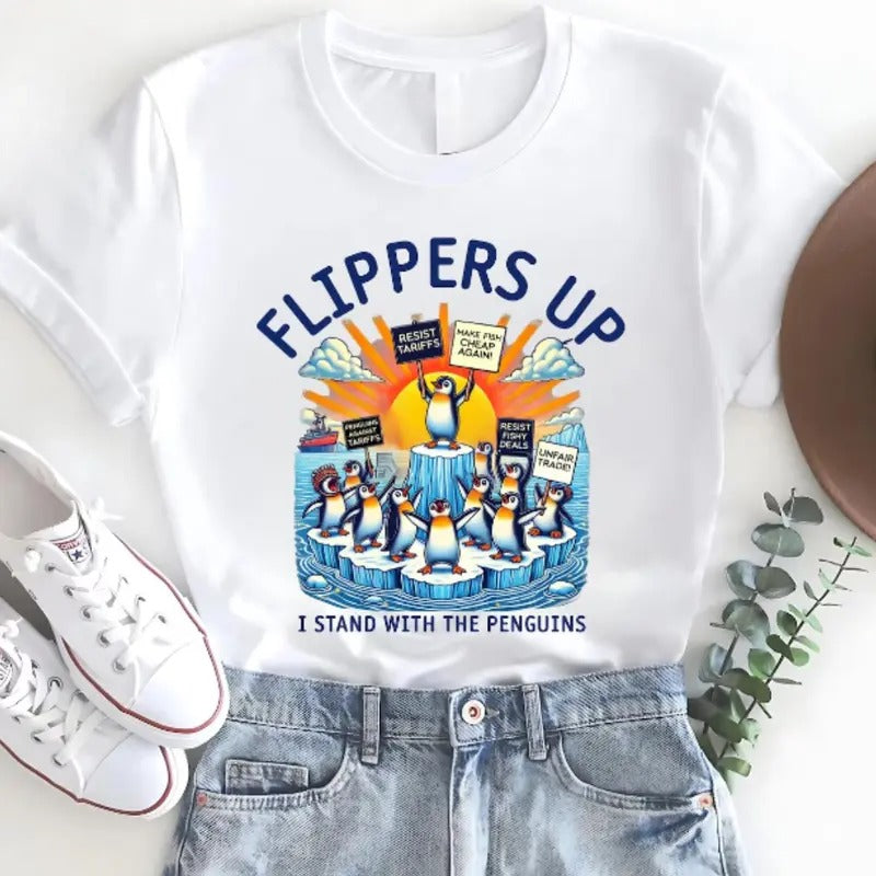 Funny Resist Penguins Protest Against Tariffs T-Shirt, Flippers Up Penguin T-Shirt Hoodie, Sweatshirt | WearSparks.com