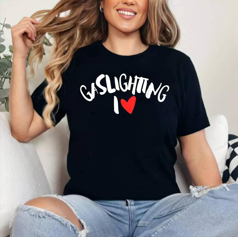 Funny Saying, I Love Gaslighting, Trendy Heart Shape T-Shirt , Cotton 100%, Crewneck, Short Sleeve, Top Womenswear...