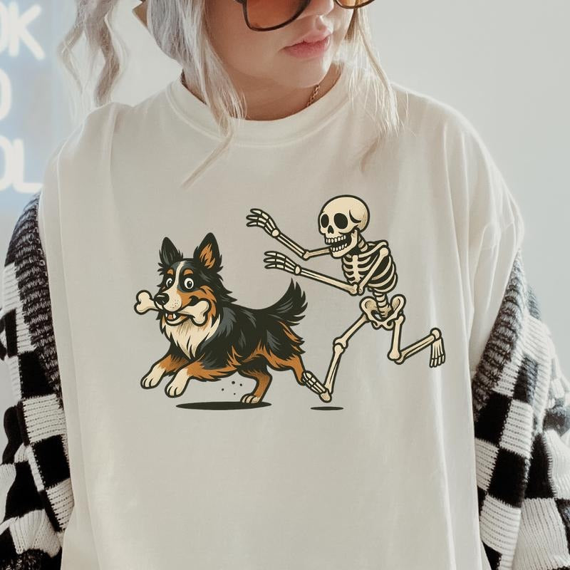 Funny Skeleton Chasing Australian Shepherd Dog Halloween T-Shirt | Spooky Graphic Tee Comfort Colors Style Hoodie, Sweatshirt