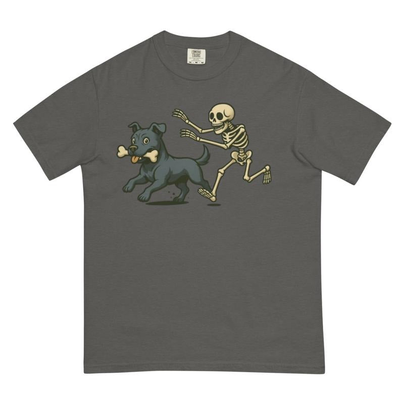 Funny Skeleton Chasing Blue Pitbull Dog Halloween T-Shirt | Spooky Graphic Tee Comfort Colors Style Hoodie, Sweatshirt