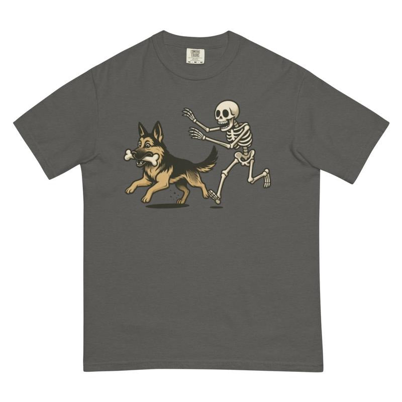 Funny Skeleton Chasing German Shepherd Dog Halloween T-Shirt Spooky Graphic Tee Comfort Colors Style Unisex Relaxed Fit...