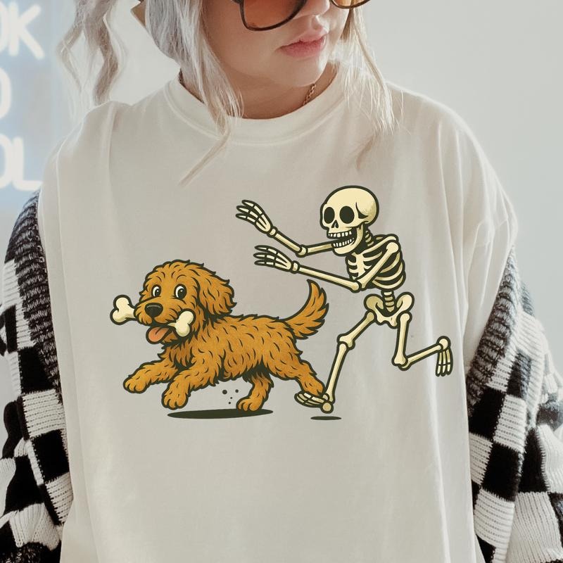 Funny Skeleton Chasing Golden Doodle Dog Halloween T-Shirt | Spooky Graphic Tee Comfort Colors Style Hoodie, Sweatshirt