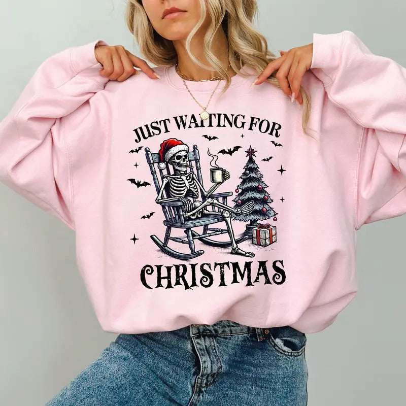 Funny Skeleton Christmas Sweatshirt, Just Waiting For Christmas Skeleton Crewneck, Spooky Skeleton Sweater, Funny Xmas...