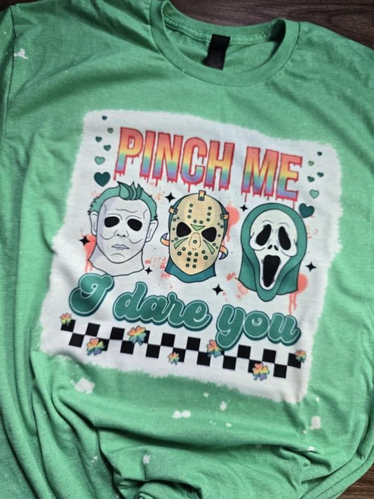 Funny St Patrick's Day Bleached T-shirt With Horror Film Characters Pinch Me I Dare You St Patty's Day Shirt With...
