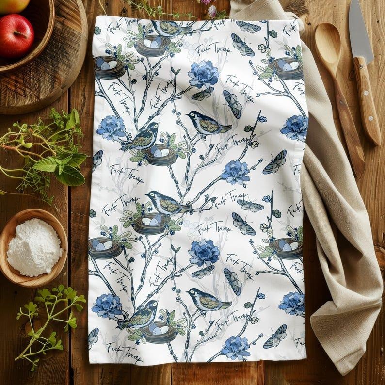 Funny Subtle F Trump Chinoiserie French Toile Tea Towels, Anti Trump Mother's Day, Kitchen Decor, Progressive Liberal...