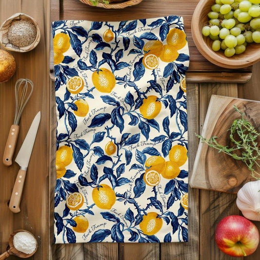 Funny Subtle F Trump Vintage Mediterranean Damask Lemons Tea Towels, Anti Trump Mother's Day, Kitchen Decor, Housewarming...