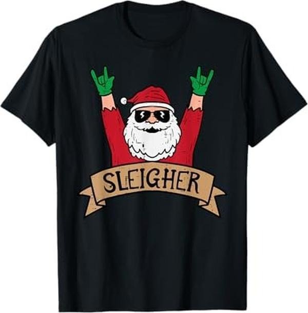 Funny Xmas Men Women Family T-Shirt, Christmas Sleigher Santa Rock Xmas Rocker T-Shirt