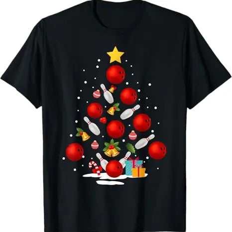 Funny Xmas Men Women Family T-Shirt, Funny Bowling Christmas Tree Lights Xmas Gifts T-Shirt