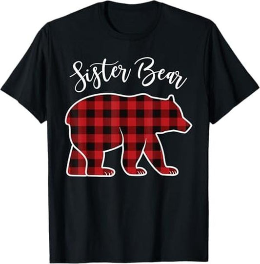 Funny Xmas Men Women Family T-Shirt, Sister Bear Pajama Red Buffalo Xmas Funny Family Christmas T-Shirt