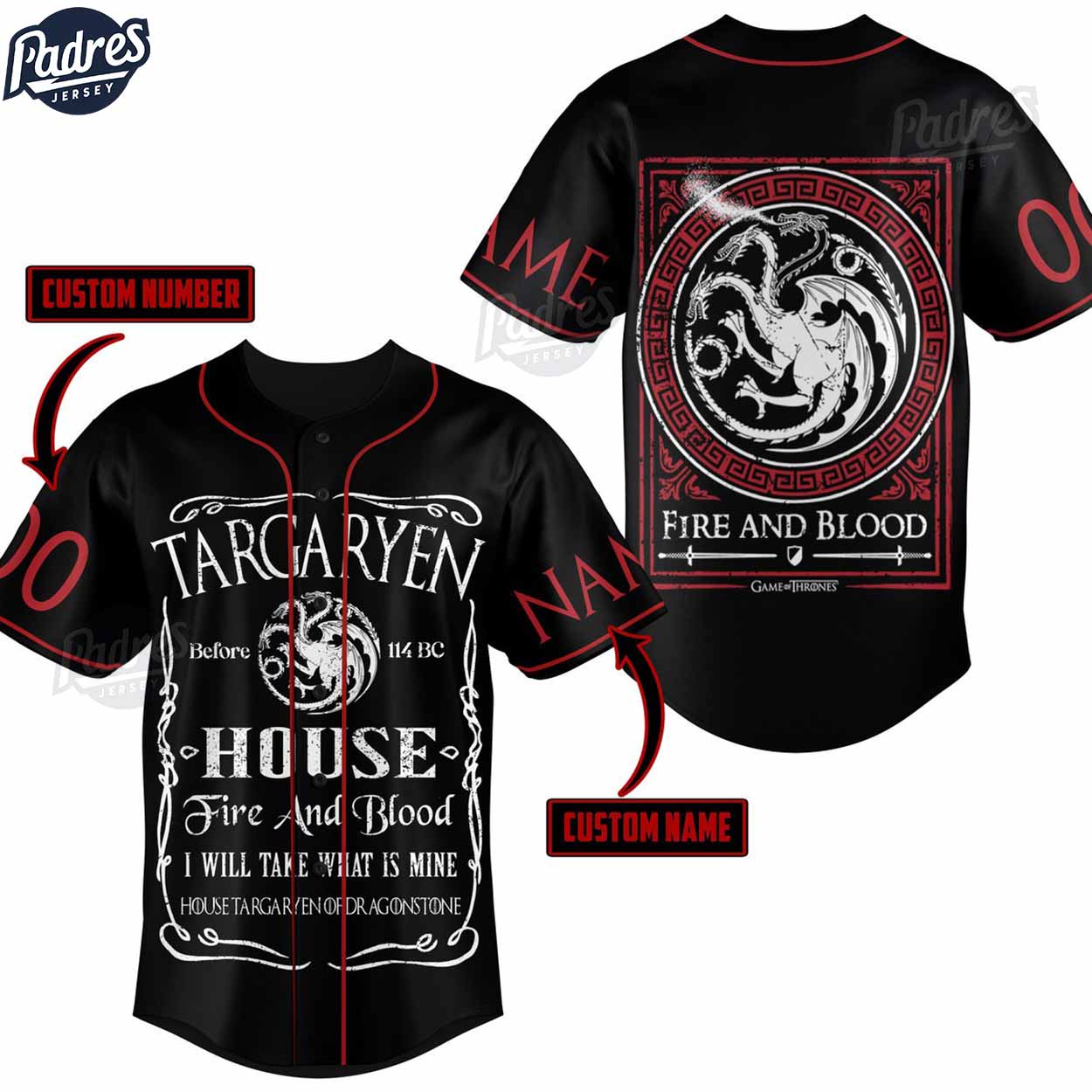 Game Of Thrones Fire And Blood Custom Baseball Jersey Style - Padres Jersey Oasis: Elevate Your Baseball Style... (Image 1)