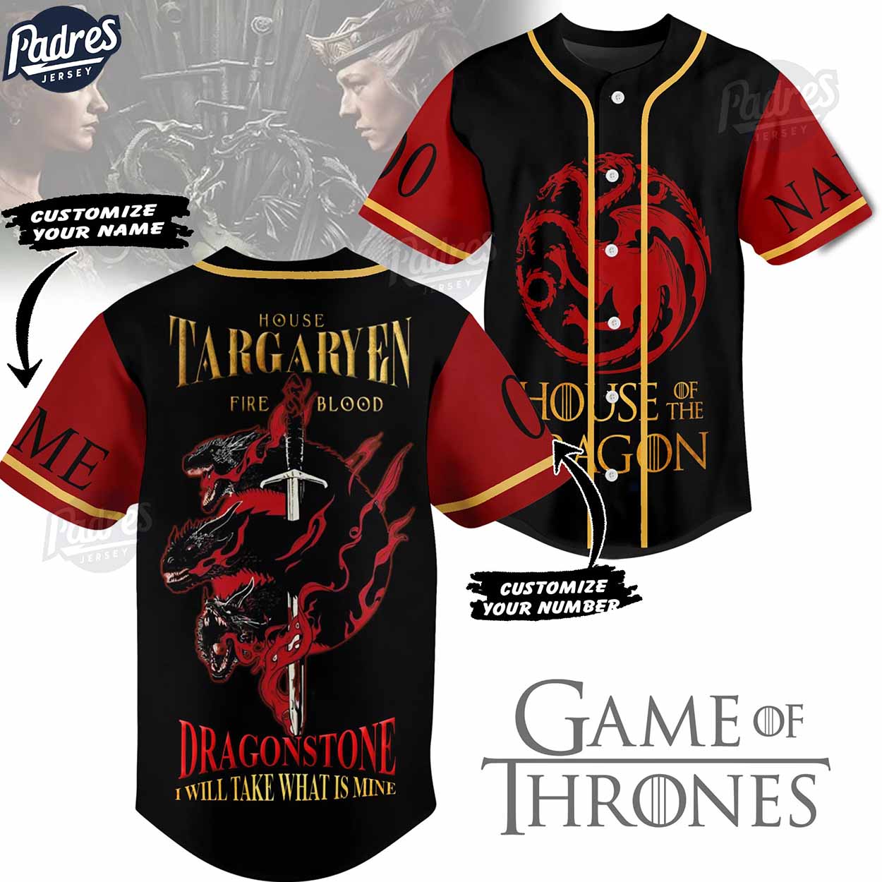 Game Of Thrones House Of The Dragon Custom Baseball Jersey - Padres Jersey Oasis: Elevate Your Baseball Style... (Image 1)