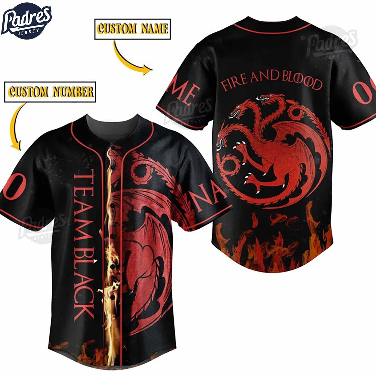 Game Of Thrones Team Black Fire And Blood Custom Baseball Jersey - Padres Jersey Oasis: Elevate Your Baseball... (Image 1)