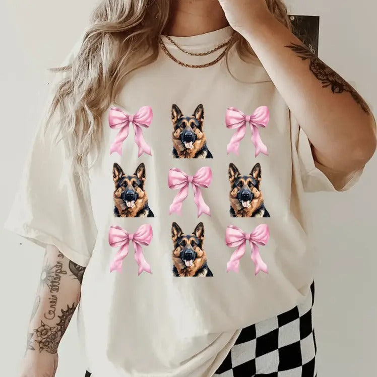 German Shepherd with bows Shirt ~ Unisex Apparel Relaxed Fit Printed In The USA Clothing Womenswear Casual Comfort Cotton...