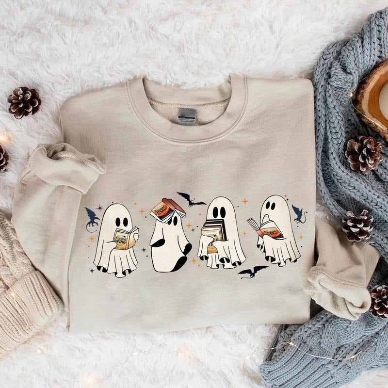 Ghost Book Dragon Sweatshirt, Cute Ghost Shirt, Ghost Book Sweatshirt, Halloween Gift For Book Lovers, Bookish Halloween...