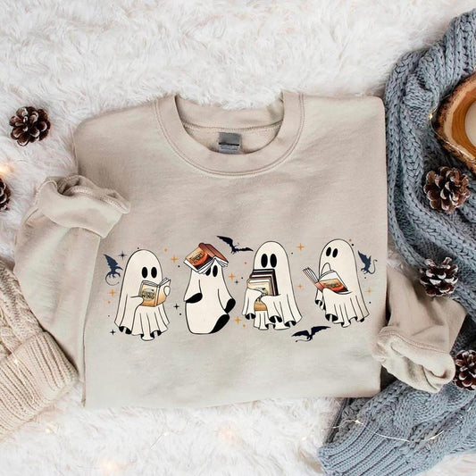 Ghost Book Dragon Sweatshirt, Cute Ghost Shirt, Ghost Book Sweatshirt, Halloween Gift For Book Lovers, Bookish Halloween...