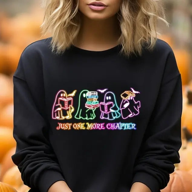 Ghost Book Reading Hoodie , Just One More Chapter, Neon Halloween Book Sweatshirt, Ghost Neon Reader Hoodie,Teacher...