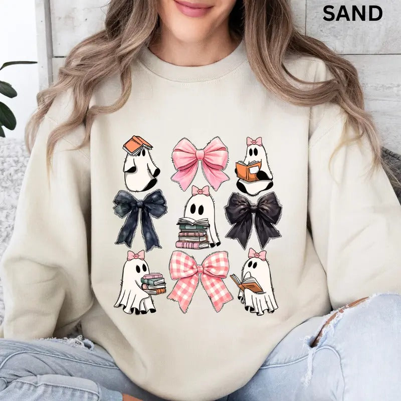 Ghost Books Coquette, Halloween Books and Bows Shirt, Spooky Season Graphic Oversized Halloween Graphic Crewneck, Cotton...