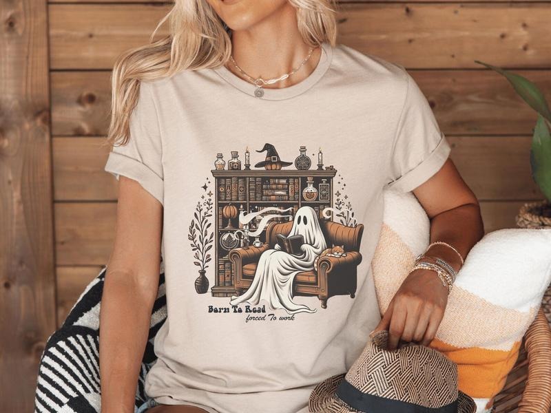 Ghost Born To Read Forced To Work Tee Shirt, Ghost Reading Halloween Sweatshirt, Halloween Bookish T-Shirt, Halloween...