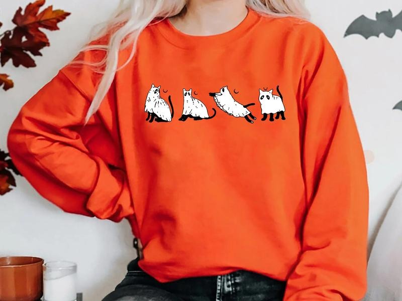 Ghost Cat Halloween Sweatshirt, Cute Ghost Cat Shirt, Cat Lovers Shirt, Retro Ghost Halloween Shirt, Cool Halloween Cat...