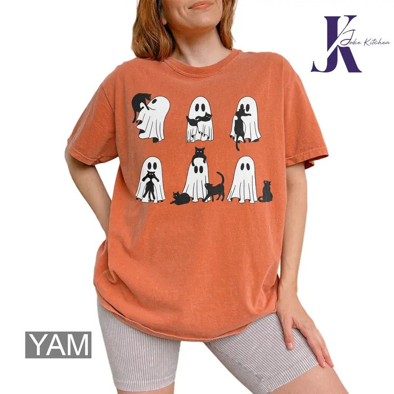 Ghost Cat Shirt, Comfort Colors Cat Ghost T-Shirt, Cute Cat Lovers Shirt, Retro Ghost Halloween, Halloween Cat T-shirt,...
