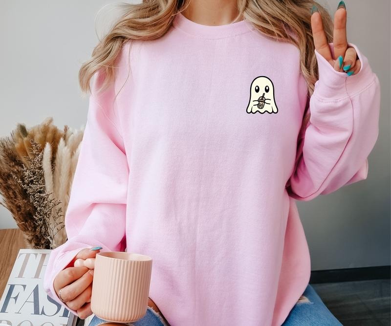 Ghost Holding an Iced Drink Halloween Crewneck Sweatshirt T-Shirts, Hoodie | WearSparks.com