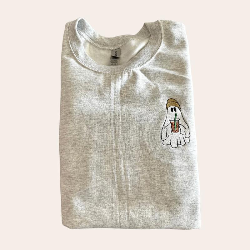 Ghost Iced Coffee Halloween Embroidered Sweatshirt, Halloween Sweater, Halloween Embroidery Ghost, Cute Halloween Vibes...
