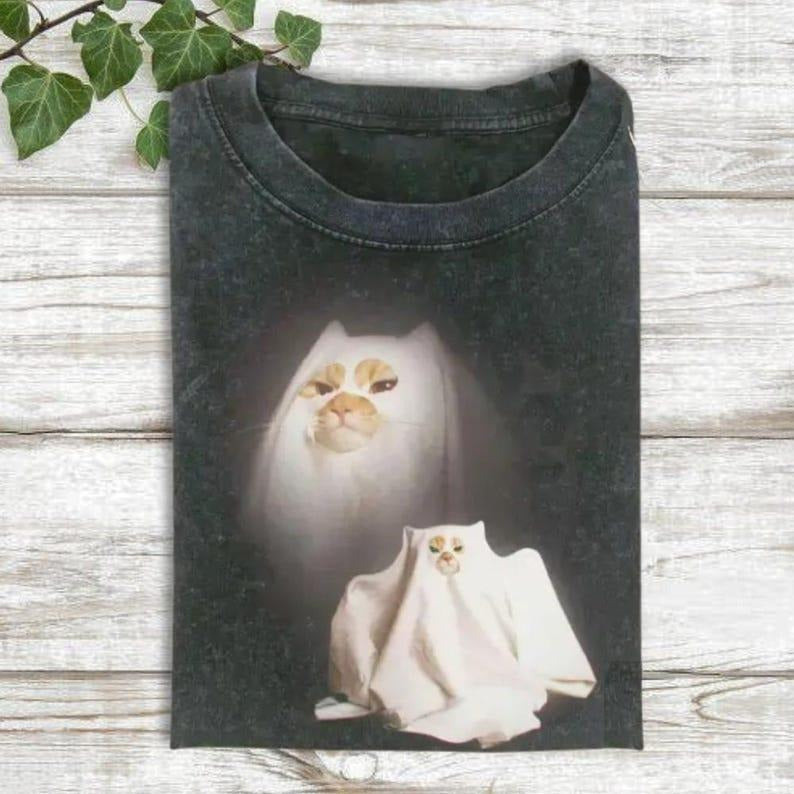 Ghost Kitten Shirt, Vintage Halloween Cat Graphic Tshirt, Funny Meme Cringe Shirt, Cat Halloween Shirt, Spooky Season Cat...