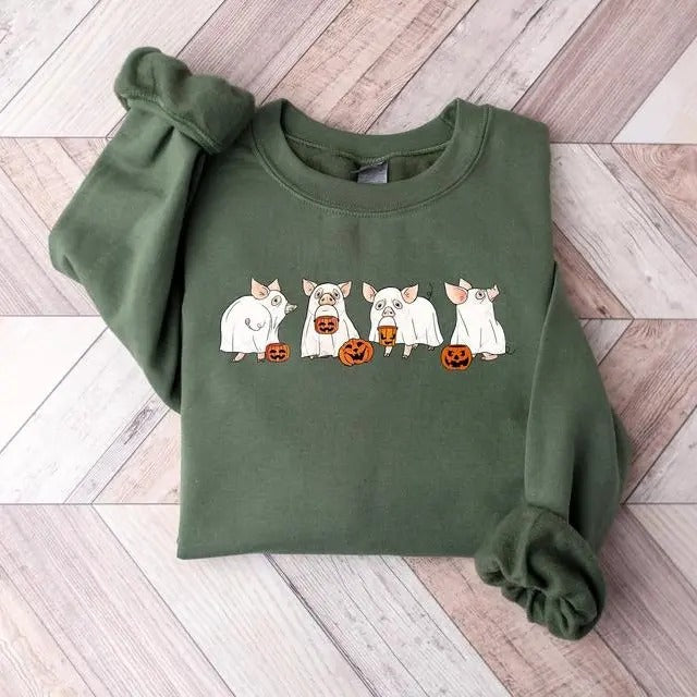 Ghost Pig Halloween Sweatshirt, Halloween Crewneck Ghost Sweatshirt, Pig Lover Gift, Funny Halloween Pig Sweatshirt, Gift...