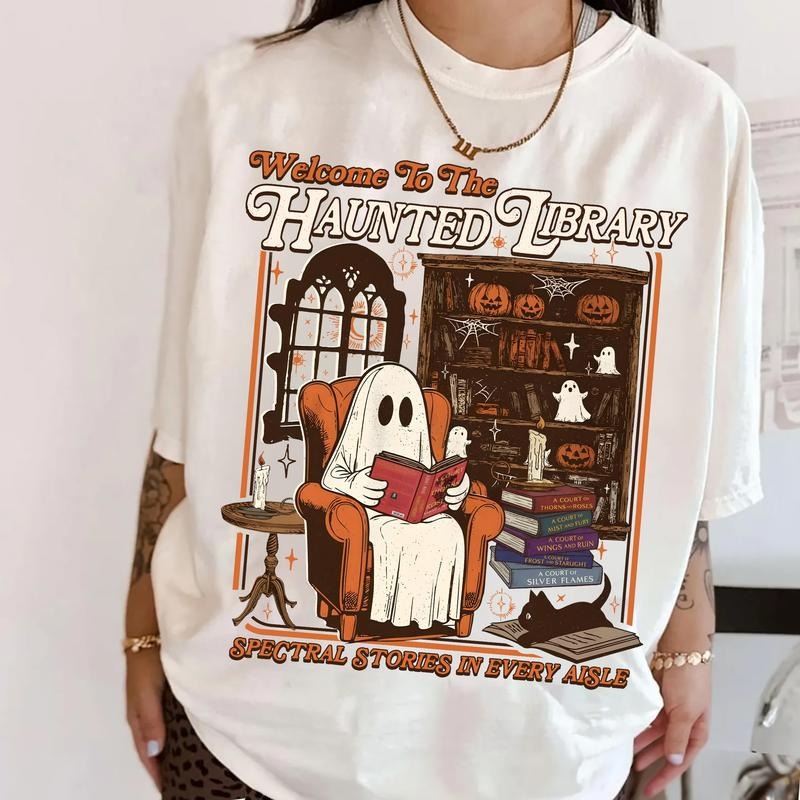 Ghost Reading Acotar Shirt, Welcome To The Haunted Library T-Shirt, Ghost Reading Book Shirt, Bookish Halloween Shirt...