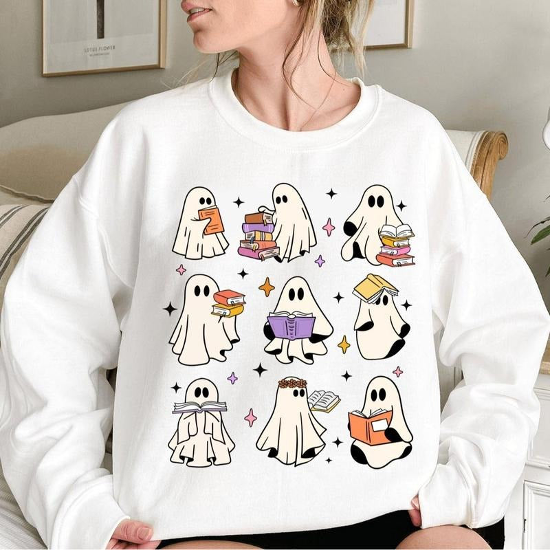 Ghost Reading Books Shirt, Bookish Halloween Sweatshirt, Teacher Librarian Halloween Gift, Halloween Book Lovers,...