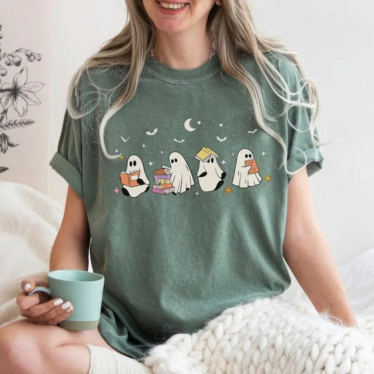 Ghost Reading Books Shirt, Halloween Cute Little Ghost Shirt, Books Lover Ghost Gift, Halloween Season, Womens Halloween,...