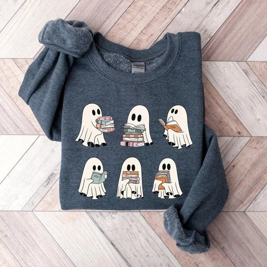 Ghost Reading Books Sweater Bookish Halloween Sweatshirt Halloween Teacher Gift Librarian Halloween Hoodie Ghost Crewneck...