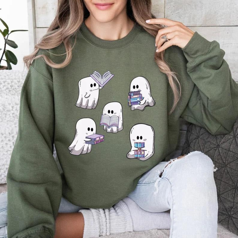 Ghost Reading Books Sweatshirt, Bookish Ghost Halloween Sweatshirt, Halloween Teacher Gift, Librarian Halloween...
