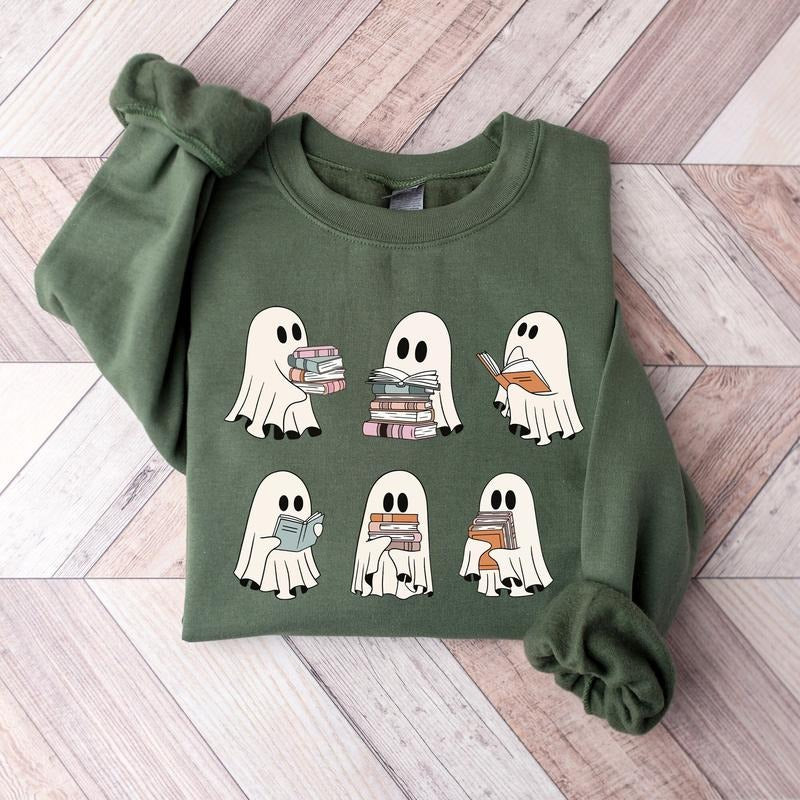 Ghost Reading Books Sweatshirt, Bookish Halloween Sweatshirt, Halloween Teacher Gift, Librarian Halloween Crewneck...